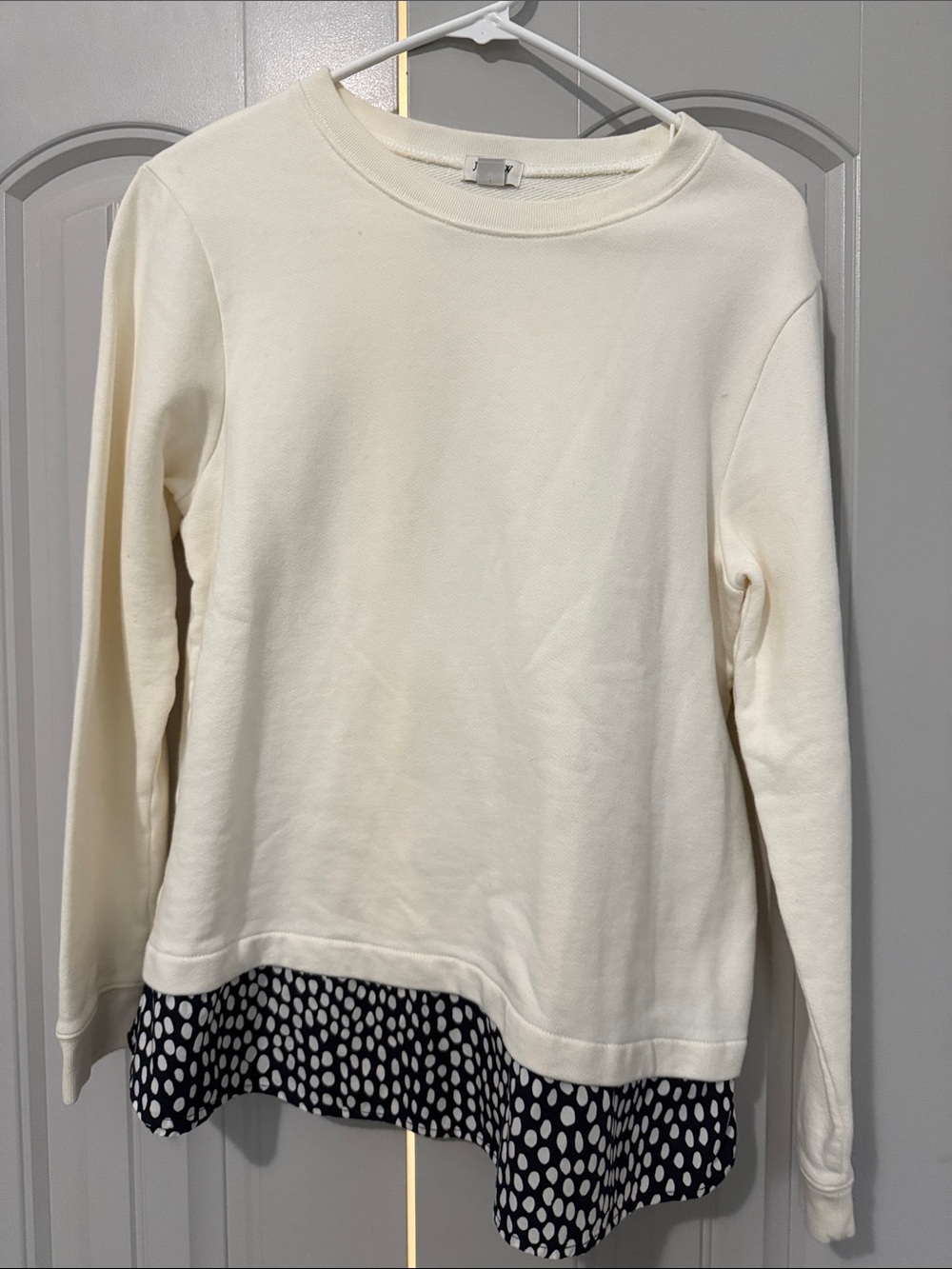 Women’s Ivory Pullover Top with Navy Polka-Hem